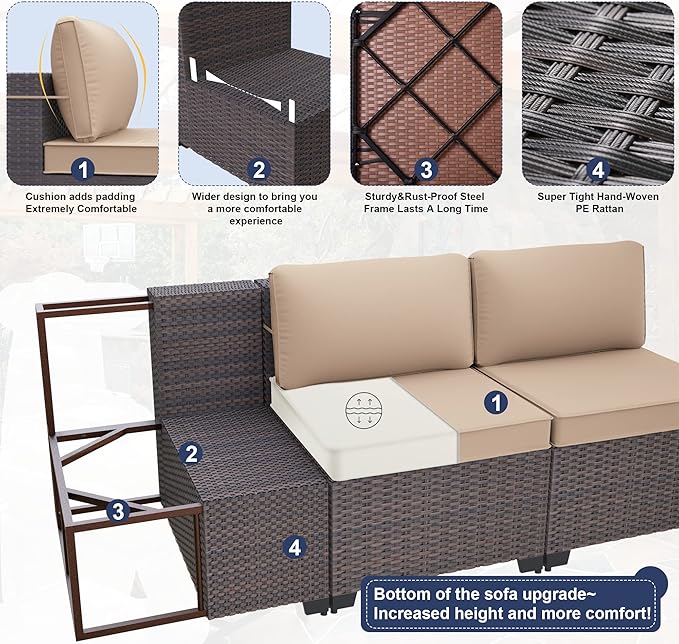 Kurapika 11 Pieces Patio Furniture Set, Rattan Wicker Outdoor Conversation Sets w/43in Propane Fire Pit Table, Swivel Rocking Chairs Patio Sectional Sofa w/4 Inch Cushion, Sand