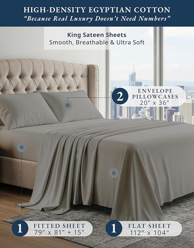 100% Egyptian Cotton King Sheet Set – Naturally Cooling & Breathable Sateen 4 Piece King Sheets, Authentic Long-Staple Cotton for Lasting Softness, Snug Fit 15" Deep Pocket Fitted - Charcoal