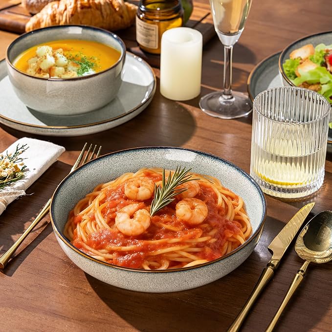 GBHOME 16 Pieces Double Bowls Ceramic Dinnerware Sets for 4, Stoneware Plates and Bowls Set with Reactive Glaze, Scratch Resistant Stoneware Dishes Set, Dishwasher & Microwave Safe