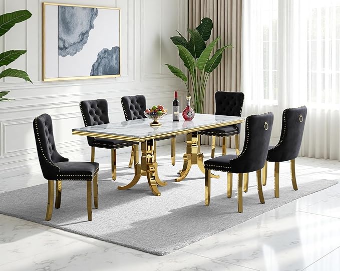 Goujxcy Faux Marble Dining Table Set for 6, Modern 7-Piece Dining Table Set with 6 Velvet Upholstered Chairs, 70" Large Long Faux Marble Kitchen Dining Room Table and Chairs with Stainless Steel Legs