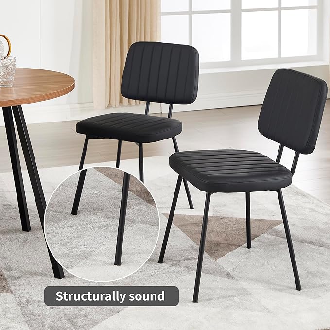 Dining Chairs Set of 2, Faux Leather Upholstered Dining Chairs, Mid Century Modern Kitchen Dining Room Accent Chairs with Curved Backrest and Steel Frame for Living Room, Vanity - Black