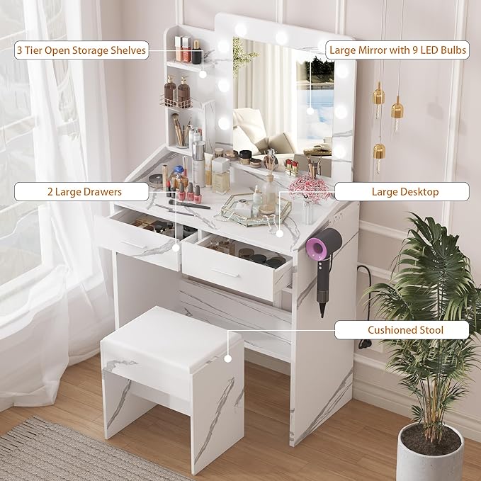 Vanity Desk with Mirror and Lights for Bedroom, Marble White Modern Makeup Table with 2 Drawers, 3 Light Modes & Dimmable LED, Includes Stool