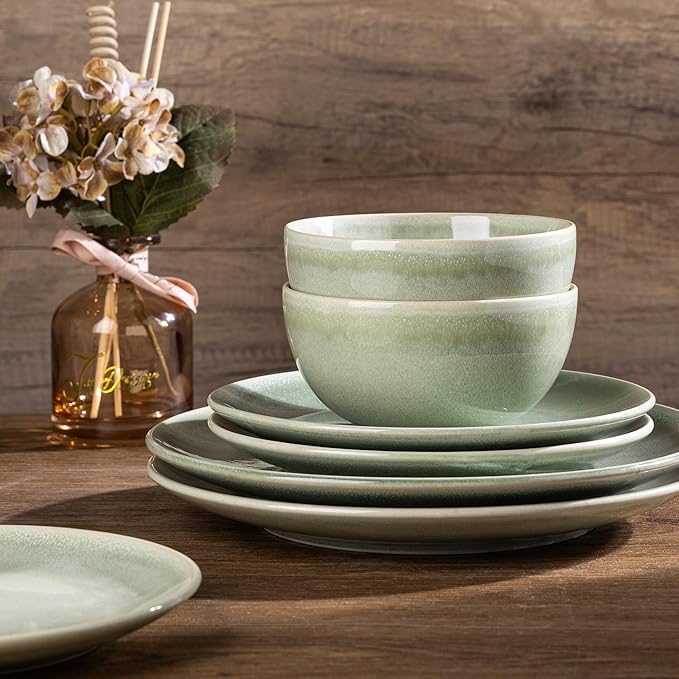AmorArc Ceramic Dinnerware Sets for 4, 12 Pieces Handpainted Plates and Bowls Set, Scratch Resistant Stoneware Dishes Set, Dishwasher & Microwave Safe, Olive Green