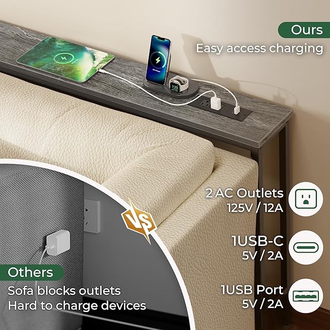 SUPERJARE 110.2 Inch Sofa Table with Power Outlets and USB-C Ports, 5.9 Inch Narrow Console Tables, Entryway Hallway Couch Tables with Storage, Behind Sofa, Small Spaces, Living Room, Grey