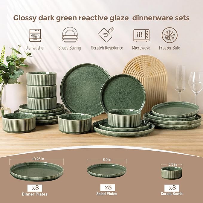 GBHOME Stoneware Dinnerware Sets for 8,Round Reactive Glaze Ceramic Plates and Bowls Set,Highly Scratch Resistant | Dishwasher & Microwave Safe Dishes Set,Service for 8(24Pcs),Dark Green