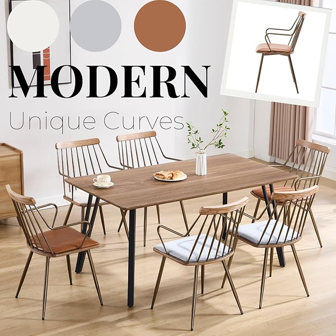 Modern Dining Chairs Set of 2, PU Upholstered Dining Chairs with Metal Legs, Wood Kitchen Chairs with Fence-Like Back and Curved Arm for Dining Room Kitchen Restaurant Reception (Brown)