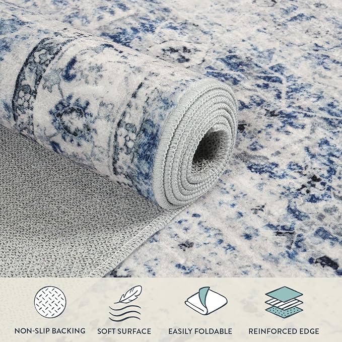Lahome Washable Rugs 5x7 Area Rugs,Blue Rug for Bedroom Soft Rug for Bedroom Aesthetic Boys,Retro Distressed Non Slip Throw Carpet Dining Room Rugs for Under Table