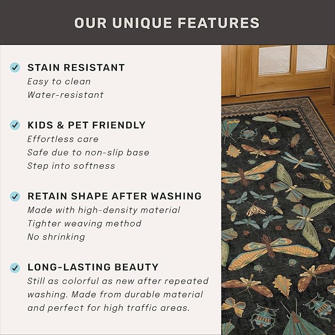 Vintage Insect 2x8 Black Entryway Runner Rug, Washable Non Slip Runners for Kitchen, Boho & Nature Long Rugs for Hallway, Low Pile Soft Stain Resistant Carpet