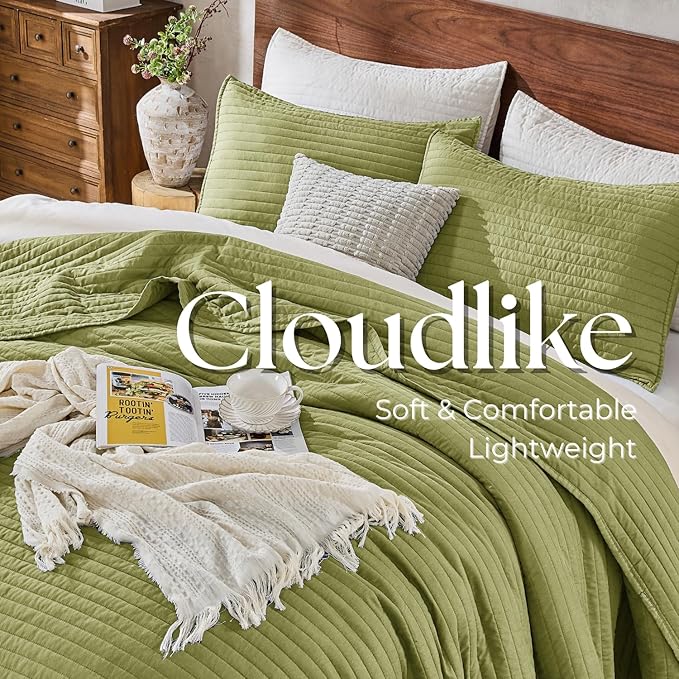 DOWN HOME King Quilt Bedding Set with Shams, Vintage Washed Soft Quilted Blanket Thin Comforter Lightweight Bedspread Coverlet Bed Cover, Brushed Microfiber Stripe Stitching, Golden Olive, 104"x90"
