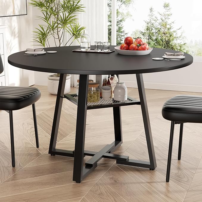 Round Dining Table for 4-6 People,47 Inch Dining Room Table,Modern Circle Kitchen Table with Storage Shelf and Metal Legs for Dining Room,Kitchen,Black (Table Only)