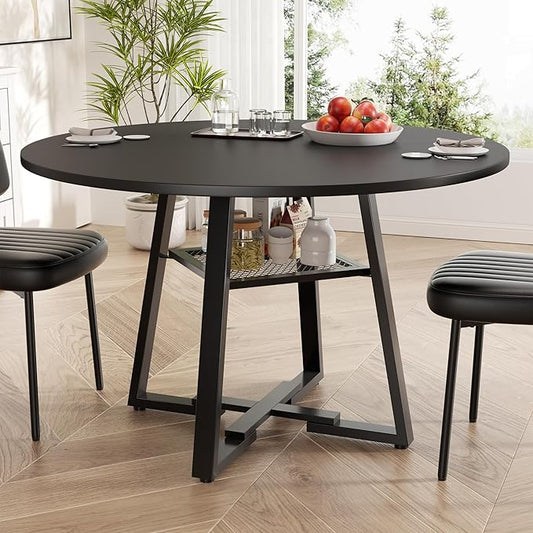 Round Dining Table for 4-6 People,47 Inch Dining Room Table,Modern Circle Kitchen Table with Storage Shelf and Metal Legs for Dining Room,Kitchen,Black (Table Only)