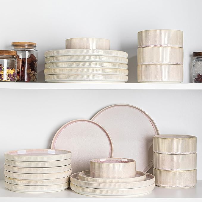 TheTerra Ceramic Dinnerware Sets for 4, 12 Pieces Porcelain Lightweight Speckled Plates and Bowls Sets, Scratch Resistant Dish Set, Oven & Microwave & Dishwasher Safe, Primrose Pink