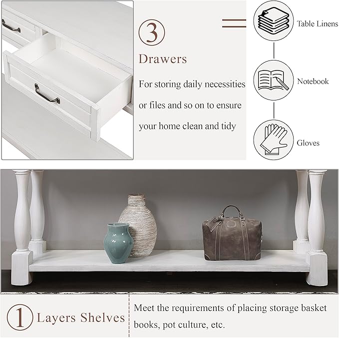 LKTART Solid Wood Console Table for Entryway,Long Sofa Table with 3 Drawers for Hallway,Foyer,Entry,Easy Assembled (63" Antique White)