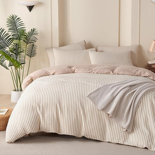 Comforter Queen Set Beige Striped Soft Luxury Washed Microfiber Jacquard 3 Pieces Bedding, White Beige Vertical Ticking Stripes Pattern Comforter with 2 Pillowcases Breathable Durable Comfy