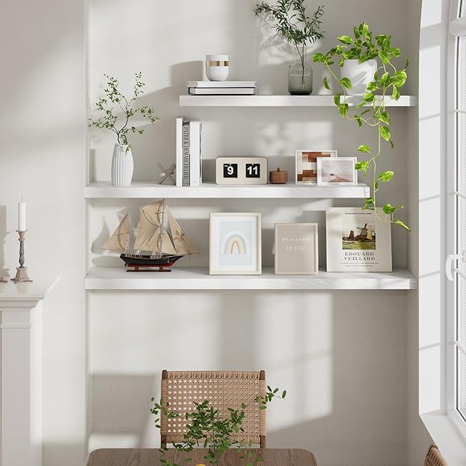 Fun Memories Floating Shelves for Wall, 48 x 9.3 Large Floating Shelf Wall Mounted Set of 2, Rustic Wood Shelves for Bathroom, Kitchen, Living, Heavy-Duty Storage Deep Shelf for Books, Decor, White