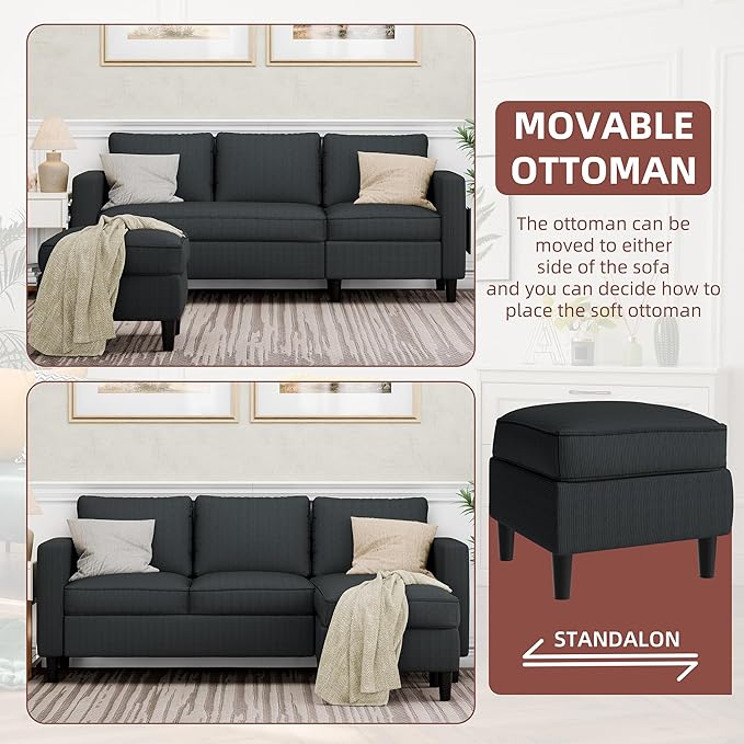 JAMFLY Sectional Sofa Couch Convertible L Shaped Sofas with Ottoman Small Sectional Couches for Living Room, 3 Seater Couch for Small Spaces, Dark Grey