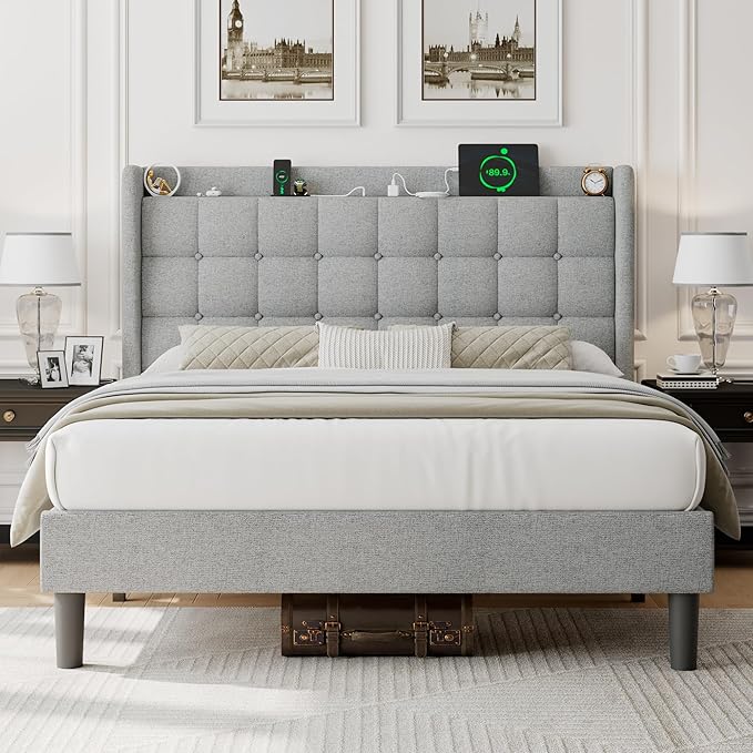 iPormis Full Size Upholstered Platform Bed, Button Tufted Wingback Bed Frame with Charging & Storage Headboard, No Box Spring Needed, Light Gray