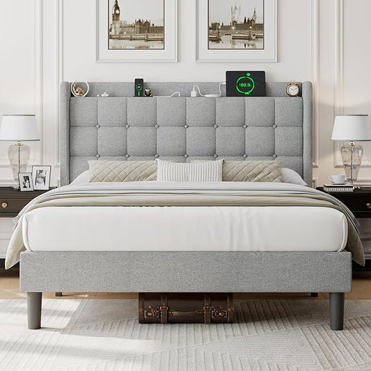 iPormis Full Size Upholstered Platform Bed, Button Tufted Wingback Bed Frame with Charging & Storage Headboard, No Box Spring Needed, Light Gray