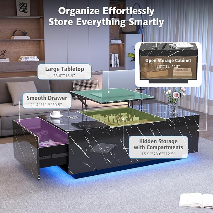 LED Coffee Table, 47.2" Lift Top Coffee Tables with Drawers and Large Storage, Smart Living Room Table with Wireless Charging & Bluetooth Speaker, Dining Center Tables with Storage Shelf