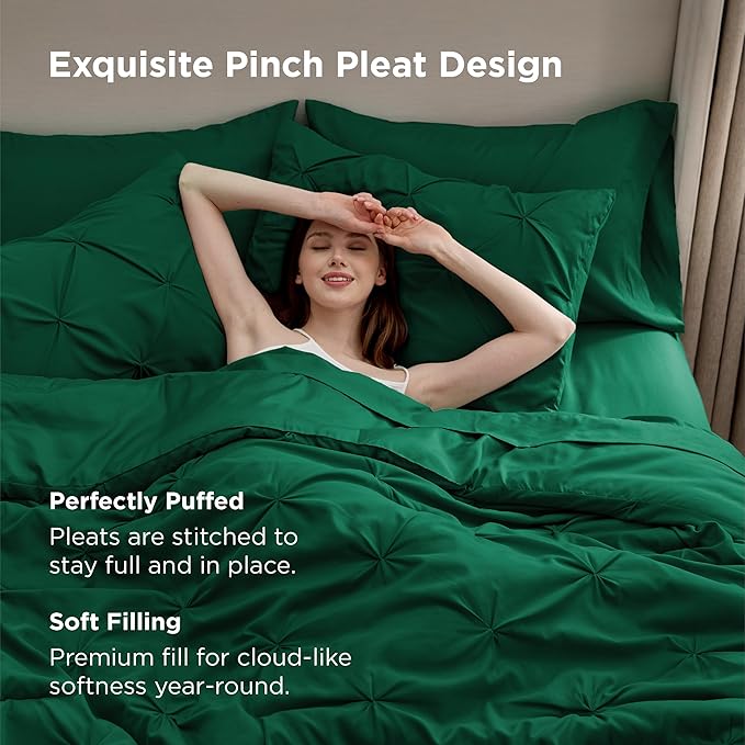 Bedsure Twin Comforter Set Dark Green - Bed in a Bag Twin Size 5 Pieces, GentleSoft™ Pintuck Bed Set Gift for Family, Pinch Pleat Dark Green Comforter with Sheets, Pillowcase & Sham