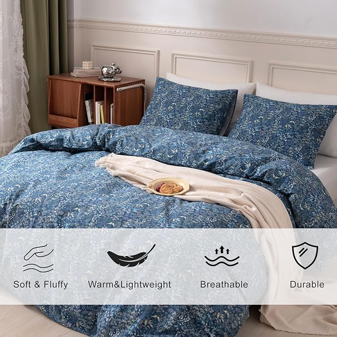 EAVD Full Comforter Set Blue Floral Comforter Set Fluffy Soft Microfiber Cottagecore Bedding Set with 2 Pillowcases Vintage Style Botanical Comforter Set for All-Season