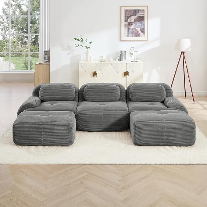 Gray Ottoman for Modular Sectional Sofa, Corduroy Deep Seat for Oversized Compressed Boneless Sectional Couches for Living Room Bedroom Apartment, Cloud Sofa Couch Set, Memory Foam, No Assembly