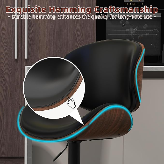 civama Bar Stools 1 PC for Kitchen Counter, Adjustable Bar Height Chairs, Modern Swivel Barstools with Bentwood Seat and Back with Footrest for Kitchen Island, Dining Room, Black PU Leather