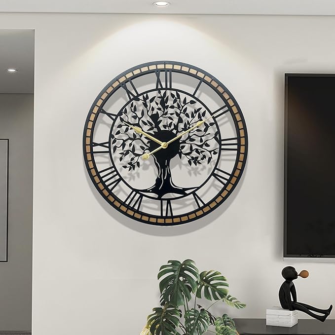 Large Wall Clock for Living Room Decor 24 Inch Tree of Life Metal Wall Art - Oversized Non-Ticking Battery Operated Silent Clock for Kitchen/Bedroom Home Decor