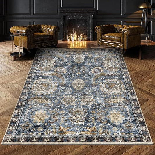 RUGSURE Washable Area Rugs - Perfect for Living Room, Bedroom, Kids Room, Nursery - Stain & Water Resistant Non-Slip, Pet & Child Friendly, Vintage Tribal Area Rugs (Navy, 3' x 5 ')