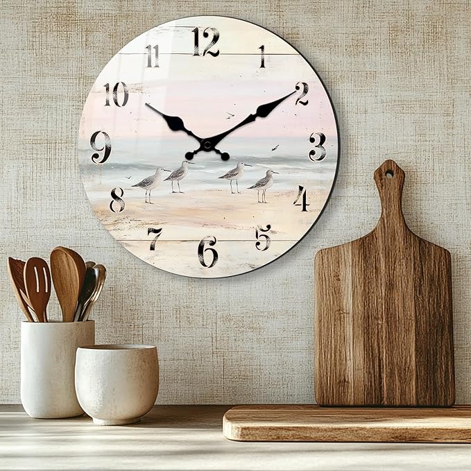 Small Coast Wall Clock for Bedroom Decor - 10 Inch Round Rustic Wooden Wall-Clocks Silent Non-Ticking Clock for Farmhouse, Bedroom Battery Powered