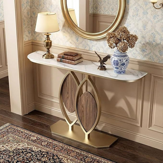 Stone Console Table Gold for Entryway, Modern Foyer Table Sofa Tables Narrow Long Stone Top for Living Room, Hallway Decor, Creative Styling(White,31.5"x11.8"x31.5")
