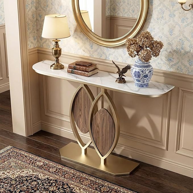 Stone Console Table Gold for Entryway, Modern Foyer Table Sofa Tables Narrow Long Stone Top for Living Room, Hallway Decor, Creative Styling(White,47.2"x11.8"x31.5")