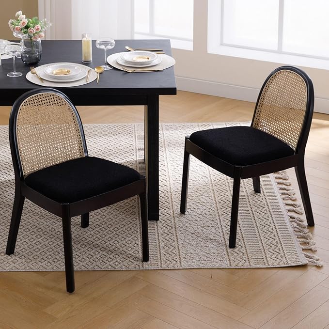 LukeAlon Modern Sherpa Dining Chairs Set of 6, Natural Woven Rattan Cane Back Side Chairs with Solid Wood Legs Mid Century Dinner Chairs for Kitchen Living Room, Black