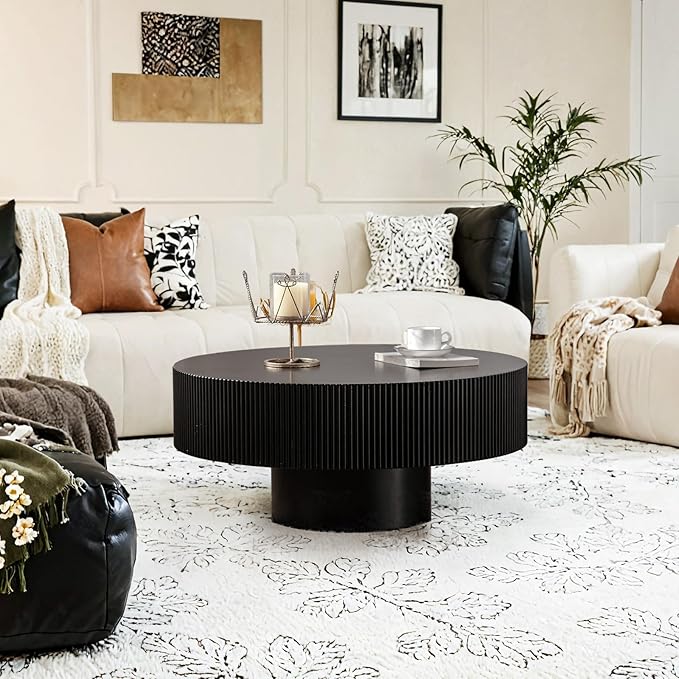 Round Coffee Table for Living Room, 30.91'' Modern Handcraft Drum Coffee Table Unique Fluted Coffee Tables Wood Center Table End Table for Small Space, Farmhouse Apartment Office (Black Thick)
