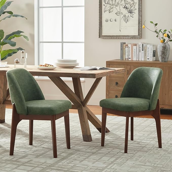 VKNOW Modern Dining Chairs Set of 6, Faux Leather Kitchen Chairs with Wood Legs, Upholstered Side Chair for Kitchen Dining Room, Green