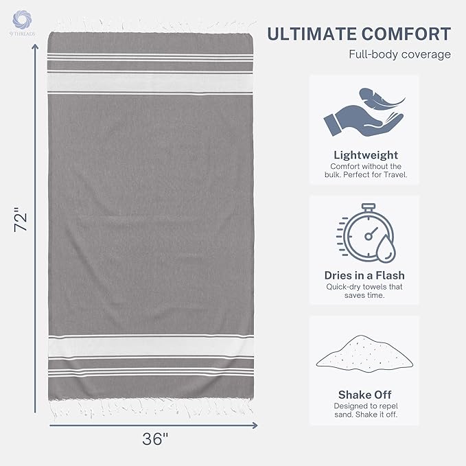 Cotton Turkish Beach Towel with Towels Oversized 36"x72" Pool Absorbent Extra Large Quick Dry Sand Travel Towel (Grey, 4 Pack)
