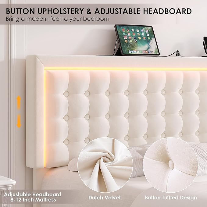 HIFIT Upholstered King Size LED Bed Frame with Charging Station and 4 Large Storage Drawer, Velvet Button Tufted King Platform Bed with Adjustable Headboard, No Box Spring Needed, Easy Assembly, Beige