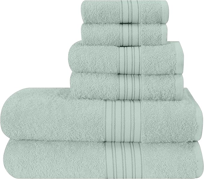 BOUTIQUO 6 Pack Cotton Towel Set, Contains 2 Bath Towels 28x55 inch, 2 Hand Towels 16x24 inch & 2 Wash Coths 12x12 inch, Ideal Everyday use, Ultra Soft Compact & Lightweight - Sea Green