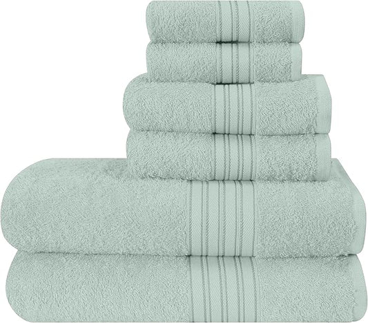 BOUTIQUO 6 Pack Cotton Towel Set, Contains 2 Bath Towels 28x55 inch, 2 Hand Towels 16x24 inch & 2 Wash Coths 12x12 inch, Ideal Everyday use, Ultra Soft Compact & Lightweight - Sea Green