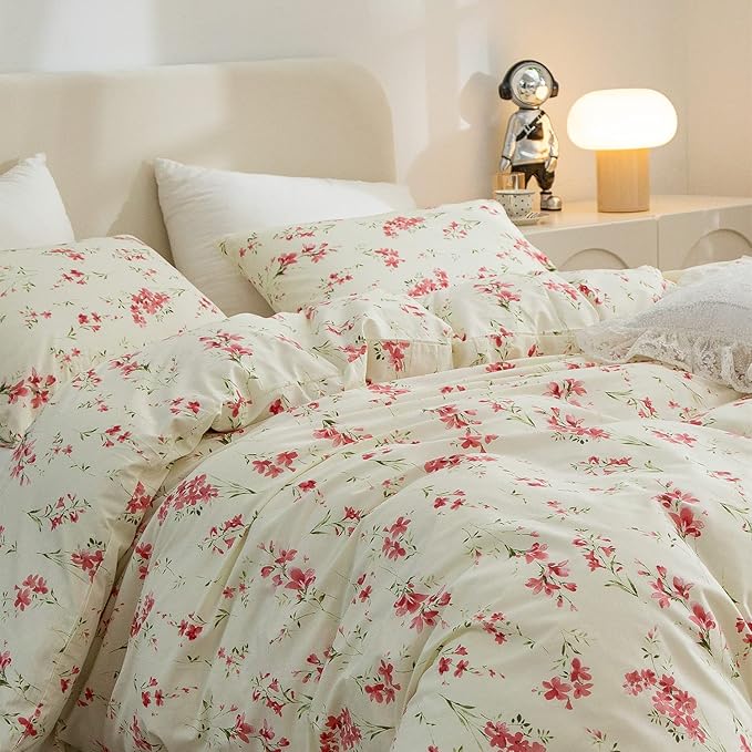 Queen Floral Comforter Set Soft Cute Floral Bedding Comforter Sets Garden Style Red Flower Print Botanical Flowers Comforter Set for All Seasons 1 Comforter and 2 Pillowcases