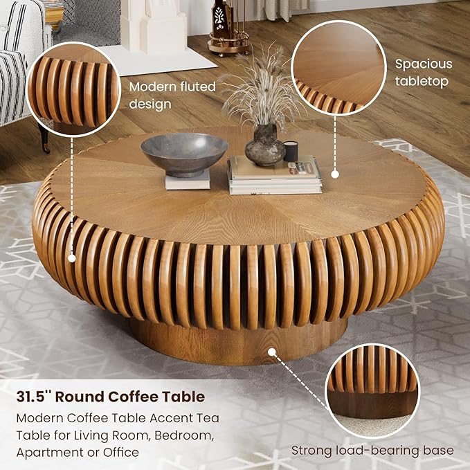 Round Drum Coffee Table for Living Room, Mid Century Modern Coffee Table with Sturdy Pedestal, Farmhouse Fluted Circle Center Table Accent Tea Table for Apartment (31.5" Brown)