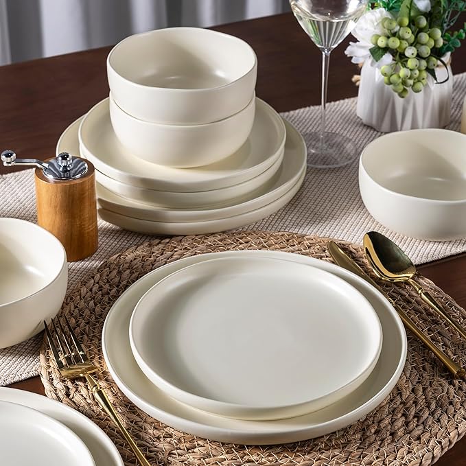 AmorArc Ceramic Dinnerware Sets, Wavy Rim StonewarePlates and Bowls Sets, Highly Chip and Crack Resistant | Dishwasher & Microwave & Oven Safe Dishes set, Service for 4 (12pc)