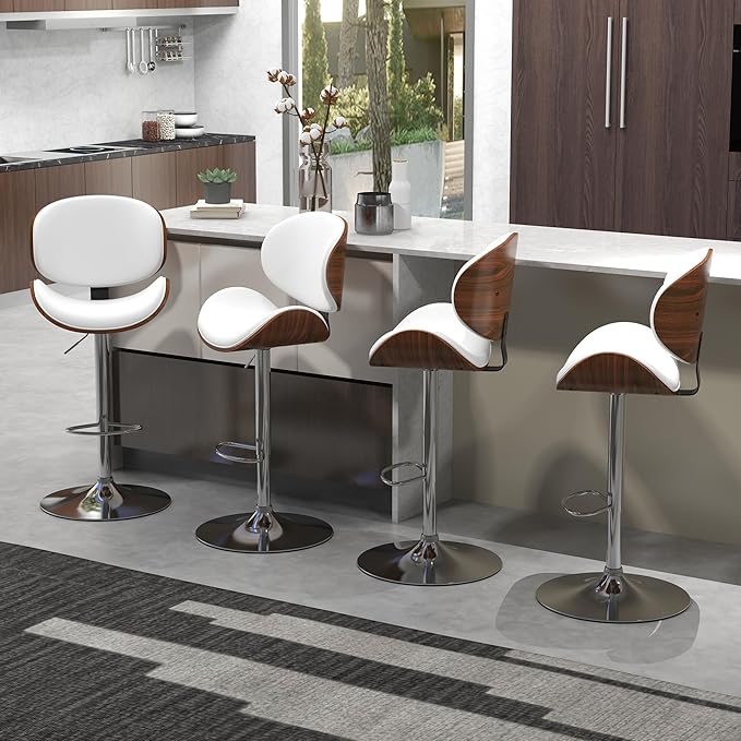 civama Bar Stools Set of 6 for Kitchen Counter, Adjustable Bar Height Chairs, Modern Swivel Barstools with Bentwood Seat and Back with Footrest for Kitchen Island, Dining Room, White PU Leather