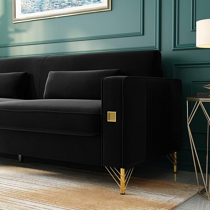 2PCS 85" Black Velvet Sofa Set,Modern Loveseat Couch with Pillows Set of 2 for Living Room,Bedroom,Apartment Furniture with Gold Metal Legs