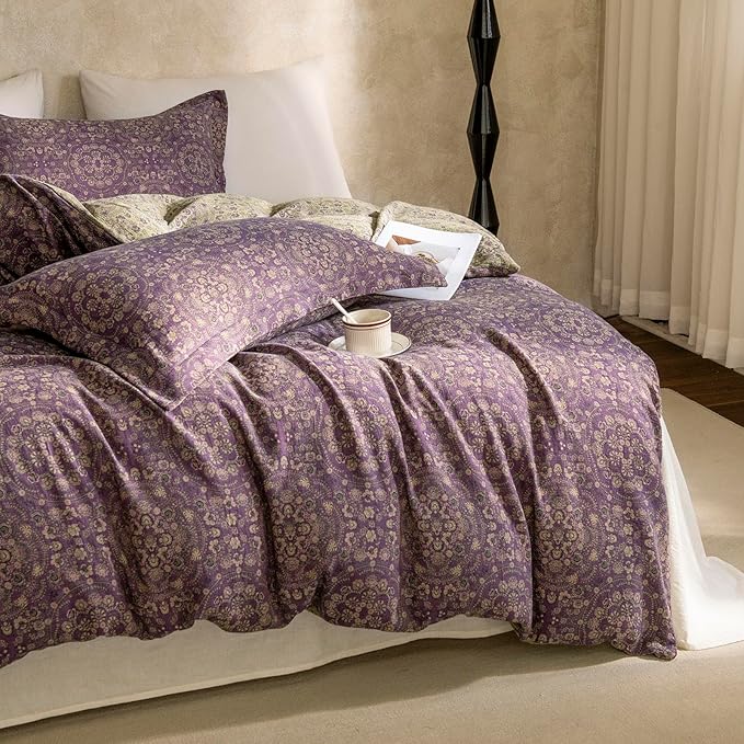 LifeTB Jacquard Retro Flower Duvet Cover Twin Purple Green Floral Duvet Cover Set Jacquard Yarn-Dyed Cotton Boho Medallion Bedding Set Reversible Retro Flower Comforter Cover with Zipper Closure