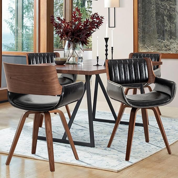 LUNLING Swivel Accent Faux Leather Dining Chairs Set of 4,Mid Century Modern Chairs with Wooden Legs/Armrest/Upholstered Seat/Adjustable Foots for Kitchen Dining Room Desk Chairs,Black