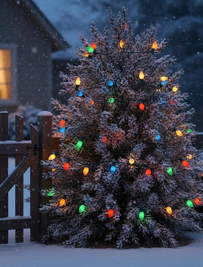 C7 LED Vintage Christmas Lights 25FT Outdoor String Lights – Multicolor Shatterproof and Waterproof LED Christmas Lights with 27 Bulbs (2 Spares) for Porch, Patio, Tree, and Garden Holiday Decor
