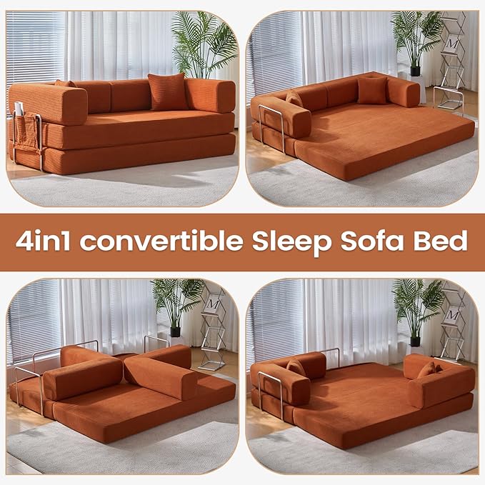 Folding Sofa Bed Convertable Corduroy Couch King Size Floor Sleeper 4-in-1 DIY Combination Modular Sofa Fold Out Futon Lounge Comfy Foldable Lazy cama for Living Room (Orange, 80.15")