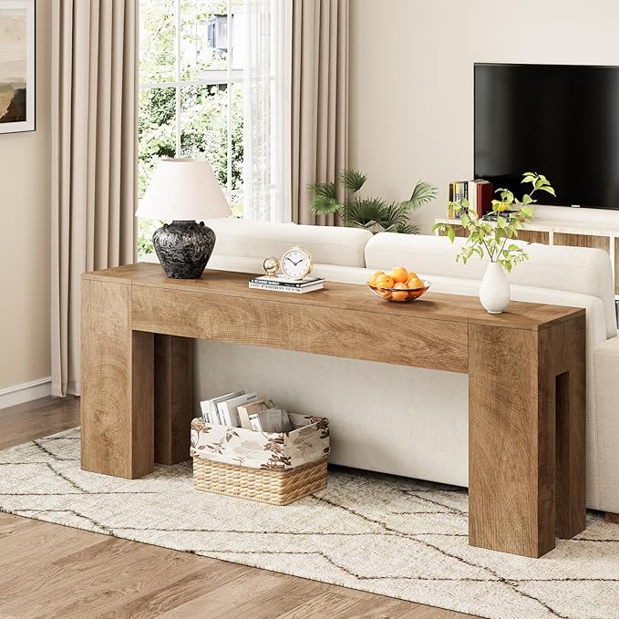Extra Long Sofa Console Table for Entryway Living Room, 79-Inch Farmhouse Wood Behind Couch Table, Rectangular Accent Console with Wooden Double Base for Hallway Foyer Entrance, Natural Oak