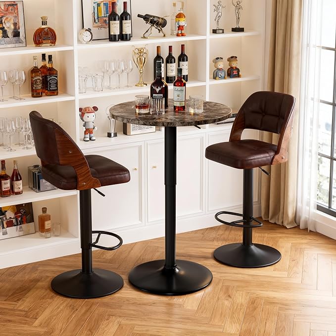 Shahoo Round Bar Table, Adjustable Height and 360° Swivel Bistro Pub Table, Cooktail Table for Bar, Bistro, Dining Room, Faux Marble